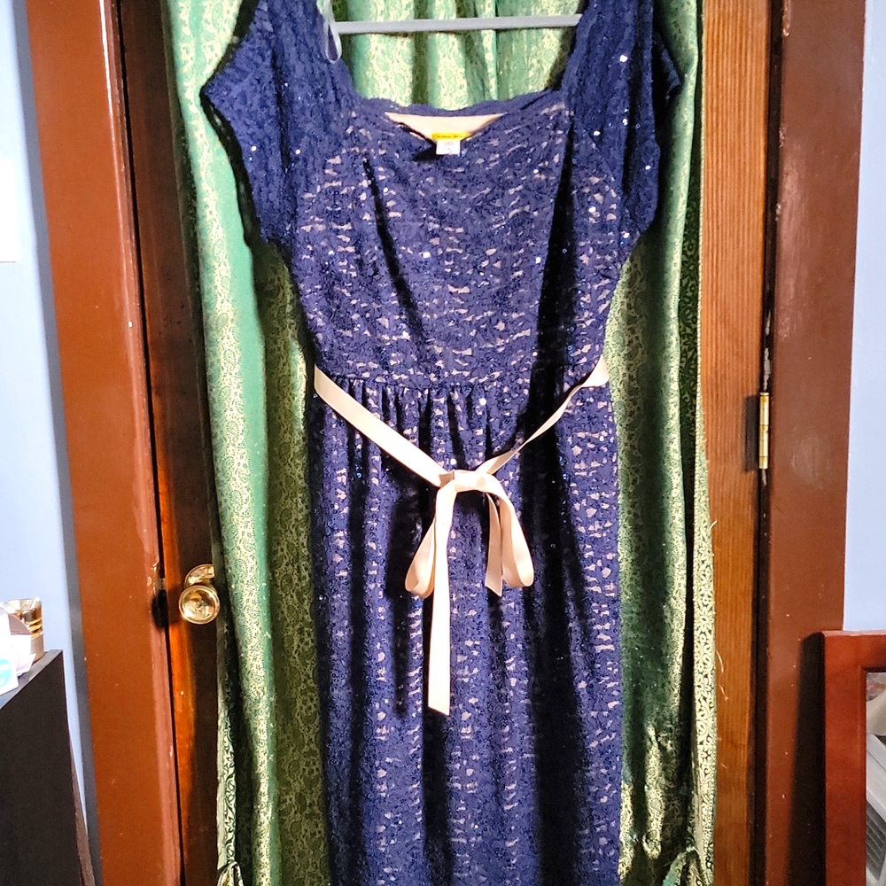 Yellow Star brand dress, navy lace and sequins with nude lining.